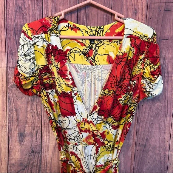 Saks Fifth Avenue Red and Yellow Puff Sleeve Midi Sundress - Picture 4 of 7